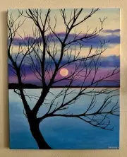 Original, Hand Painted, Tree, Lake, Moon, Snow, Cloud, Acrylic Painting 16x20