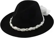 [Generic] 2025 Women's Elegant Fedora Hats Pearl Encrusted Ribbon Retro Felt Hat Bride Headwear for Wedding Makeup Party Church