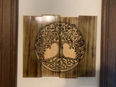 Tree Of Life #11 Green Hue Flamed Plaque Woodburn Carving Hangable Gift