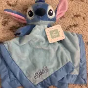 Disney Baby Blue Stitch Plush Lovey Security Blanket Satin Trim 14" Baby Toy NEW