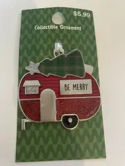 NWT Christmas Ornament Be Merry Camper With Tree Metal 2.25" Green Red Silver Gl