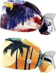 [YTYVAGT] 2-Pc,Nurse Scrub Caps,Scrub Hats with Buttons and Cotton Sweatband,American Flag and Eagle