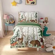 CKOU CCOO 4 Pieces Woodland Animal Toddler Bedding Set, Forest Deer Bear Bed Comforter Setfor Baby Boys Girls, Cute Toddler Quilt Kids Toddler Bed Set Includes Comforter, Sheets and Pillowcase