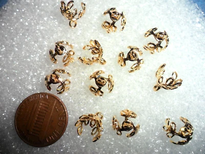 12 Vintage Small Goldtone Metal Filigree Bead Bell Caps with 3 prongs