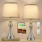 Bedroom Lamps Set of 2 - Bedside Lamps with USB A+C E. Grey Shade & Nickel Base