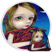 Beautiful Young Big Eyed Maiden and Phoenix Moon Round Beach Towel