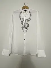 White House Black Market Soft Tipped Ruffle Blouse Sz 12 Button Up Long Sleeve