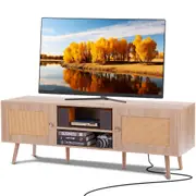 Rattan Boho TV Stand with Built-in Socket for 65" TVs, Modern Design with Storage