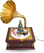 Animated Christmas Village Gramophone Music Box with LED Lights, Rotating Santa's Sleigh