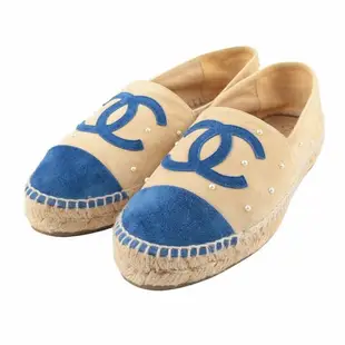 [二手] CHANEL Logo珠珠麂皮雙色草編鉛筆/漁夫鞋(38)(米黃/藍色)