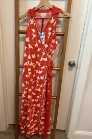 Women's Collared Sleeveless Ginkgo Cherry Toma Midi Wrap Dress XS DVF