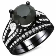 3.34 Ct Black Round Diamond Bridal Set Black Silver Ring Lab Created Fine Ring