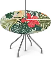 Round Fitted Tablecloth with Umbrella Hole Palm Flower Leaf Outdoor Tablecloth Waterproof Umbrella Table Cloth Zippered Tablecloth 36"-44" Round Elastic Table Cover for Patio