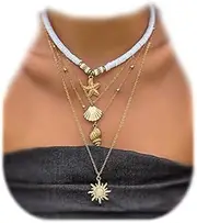 [Asphinien] Bohemian Surfer Heishi Bead Layered Choker Necklace with Shell Conch Sea Turtle Charm Pendant Hawaii Holiday Beach Wedding Starfish Long Necklaces Set for Women and Girls