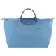 LONGCHAMP LE PLIAGE GREEN系列刺繡短把再生尼龍摺疊旅行袋(小) 雷雨藍