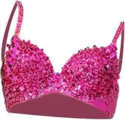 [Oshhni] Sequin Corset Luxury Handmade Crop Top Bra for Club Stage Belly Dance Festival, rose red, M
