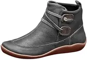 [Generic] Womens Boot Heels Women's Leather Shoes Flat Toe Boots Boots Ankle Winter Round Vintage Women's Boots Heeled Boots for Women Leather (A-Grey, 40)
