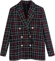 [USDBE] Women with Metal Button Tweed Check Blazer Coat Vintage Long Sleeve Outerwear