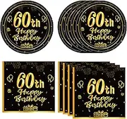 40PCS 60th Birthday Party Decorations 60th Theme Birthday Party Tableware Vintage 1965 Party Supplies 60 Year Old Birthday Party Decorations Plates Napkins Black and Gold Dinnerware Favors for Men