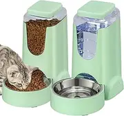 2 Pack Automatic Cat Feeder and Water Dispenser with Stainless Steel Dog Bowl Gravity Self Feeding for Small Medium Pets Puppy Kitten 1 Gallon x 2 (Green)