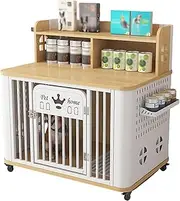 Wooden dog crate, portable dog crate, dog crate with shelves, side with small storage board for cans, bottom with dog toilet + universal wheels, suitable for small and medium-sized dogs(Log+white)
