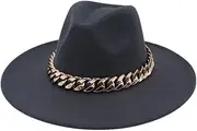 [Generic] Unisex Big Brim Top Hat Golden Acrylic Chain Fedora Hats Women Men Party Church Wedding Panama Felt Cap