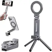 360° Rotation Magnetic Phone Stand with Tripod,Adjustable Magic Clip Phone Holder,Portable Foldable Aluminium Pocket Holder,Vacuum Suction Phone Mount for Car,Suitable for All Mobile Phones (Gray)