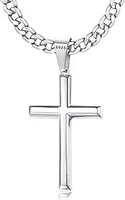 [Chriscoco] 925 Sterling Silver Cross Pendant Necklace for Men Women 5mm Stainless Steel Diamond-Cut Durable Cuban Link Chain Crucifix Necklace Polished Beveled Edge Cross Chain Necklace Jewelry