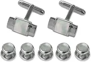 [Select Gifts] Sterling silver mother of pearl bar Cufflinks Shirt Dress Studs Gift Set