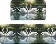 Beautiful White Swans On The Lake Print Kitchen Floor Mat 2 Sets Non-Slip Rugs for Kitchen Laundry Office and Home Decor