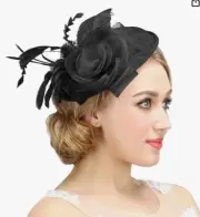 NWT Valdler Fascinator Mesh Feather Flower Hat Photoshoot Wedding Black Tea Part