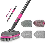 NEWE Shower Cleaner Brush, Tub Tile Scrubber with Telescopic Long Handle 142 cm, 4 Scrub Heads for Cleaning Bathroom Bathtub Floor Baseboard Sink Kitchen Toilet (Rose Red)