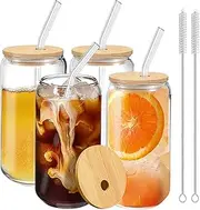 Drinking Glasses Cups with Lids and Straws，and Brushes - 16 oz Mason Jar Cups Tumbler Cup - Set of 4, Includes Lids and Glass Straws - Perfect for Coffee, Smoothies, Candy，Kitchen，and More!