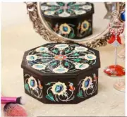6" black Marble Trinket Jewelry Box octagonal Malachite Inlay pietra dura c26