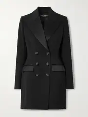 [Dolce & Gabbana] Dolce & Gabbana - Double-breasted Silk-blend Satin-trimmed Wool-blend Twill Coat - Black - IT46 IT 46 Black