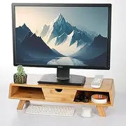 Bamboo Monitor Stand with Drawer, Monitor Riser with Storage Shelf for Computer Desk, Desktop Organizer Stand for Computer Monitors