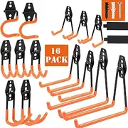 Dorisy Upgraded 16 Packs Garage Hooks Utility Double Heavy Duty with Mop Broom Holders, Wall Mount Hooks, Garage Storage Organization and Tool Hangers for Power ＆ Garden Tools, Ladders, Bikes(Orange)