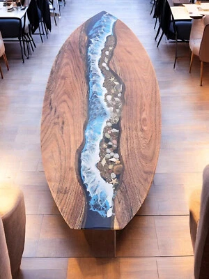 48"x24" Surfboard-Shaped Epoxy Table Top with Acacia Wood for Dining Table Decor