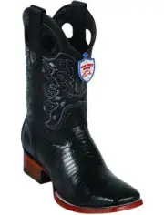 WILD WEST BLACK GENUINE TEJU LIZARD COWBOY BOOT RANCH-WIDE SQUARE-TOE (EE)