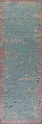 Floral Light Blue/ Pink Art Deco Chinese Hand-knotted Hallway Runner Rug 3'x12'