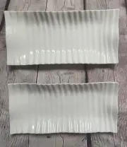 Set Of 2 Simple Dining Ceramic White Wavy Rectangle Serving Platters 12.5 X 6In