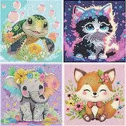 xackcme 4 PCS Diamond Art Painting Kits for Kids,Animal Diamond Art for Kids Ages 4-8-12,Sea Turtle Cat Elephant Fox Gem Art Kit Crafts Beginners for Gift Home Wall Decor(6x6inch)