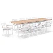 Austin Outdoor 2.2m - 3m Extension Teak Timber and Aluminium Table with 10 Capri Dining Chairs White - Textured Olefin Grey