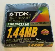 TDK 5 Pack High Density 1.44MB Floppy Disk 3.5 computer Disks New Sealed
