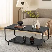 Giantex Marble Coffee Table, 2-Tier Faux Marble Top Coffee Table w/Metal Frame, Rectangular Living Room Table w/Storage Shelf, Sofa Side Table, Accent Table for Living Room, Office, Balcony (Black)