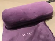 GUCCI PURPLE VELVET YELLOW INTERIOR CLAM SHELL SUN GLASSES CASE & MATCHING POUCH