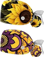 [YTYVAGT] 2-Pc,Nurse Scrub Caps,Scrub Hats with Buttons and Cotton Sweatband,Blooming Sunflower