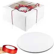 10PCS Ofakouss 10” x 10” x 5”White Cake Boxes with Window & 10” Round Cake Boards (10 Pack of Each),65-Foot Red Ribbons,Badge (Self-adhesive)×12， for 9" or 8" Single Layer Cake (white boxes)