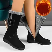 Women's Mid-Calf Winter Boots with Faux Fur Lining and Buckle Straps – Warm Suede Waterproof Snow Boots for Cold Weather