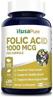 Folic Acid 1000mcg 200 Veggie Caps (Non-GMO, Vegetarian & Gluten Free) Supports Cardiovascular Health, Prenatal Development and Energy Metabolism